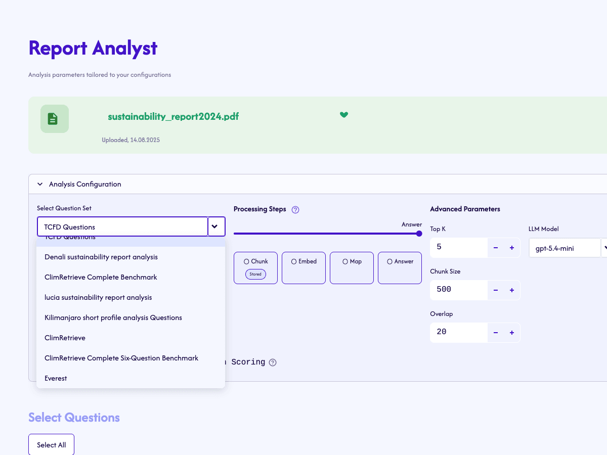 Report Analyst configuration with question-set selection, processing steps, model, top K, chunk size, and overlap controls