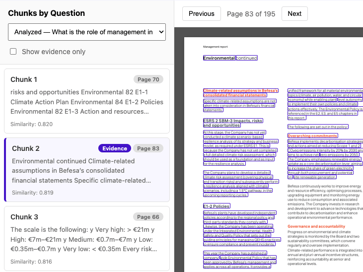 Evidence chunk selected beside its highlighted source passage on page 83 of the Befesa annual report