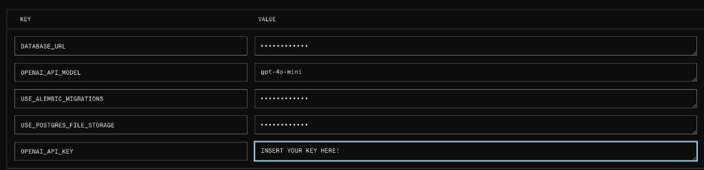 Render environment variables table with the OPENAI_API_KEY value field focused to insert the key