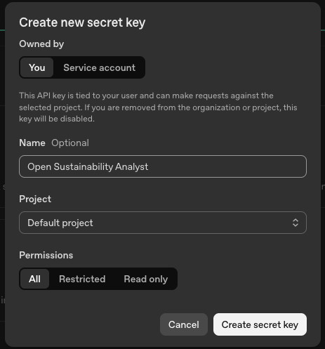 OpenAI “Create new secret key” dialog with a name field