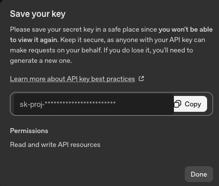 OpenAI Save your key dialog with a masked secret key