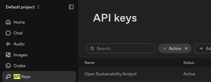 OpenAI platform sidebar with API keys selected
