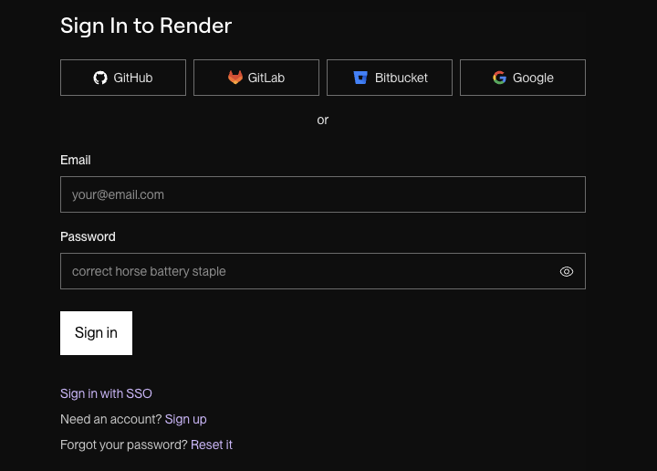 Render sign-in screen with GitHub, GitLab, Bitbucket and Google options