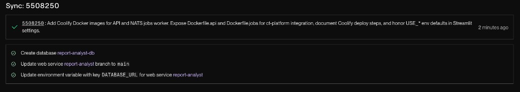 Render sync results with green checkmarks for database and web service