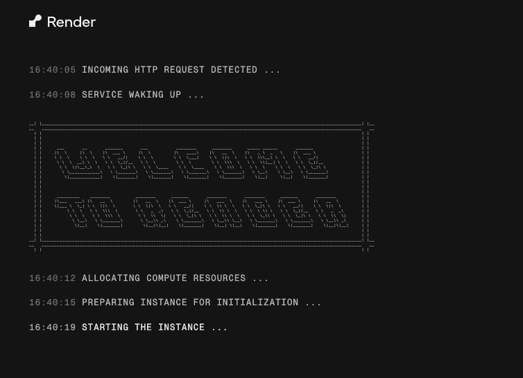 Render start-up log with “Welcome to Render” and service waking up messages