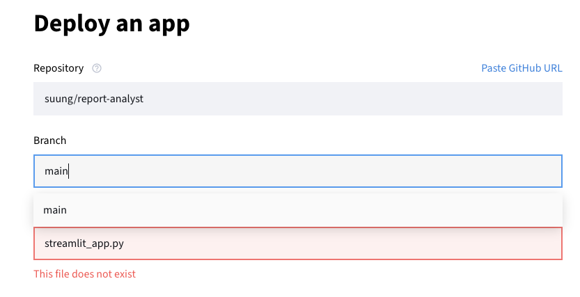 Streamlit deploy form showing repository, branch and main file path fields